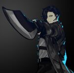  1boy angry belt black_belt black_coat black_hair black_pants blue_eyes chest_harness closed_mouth coat combat_knife earpiece grey_shirt harness knife library_of_ruina liwei_(project_moon) looking_at_viewer male_focus microphone nishikujic pants project_moon shirt solo weapon 