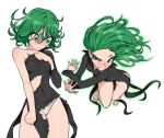  1girl barefoot black_dress blush breasts closed_mouth covered_navel dress flipped_hair frown green_eyes green_hair grey_background grey_panties groin gurumo_(twitter) highres long_sleeves medium_hair multiple_views one-punch_man panties simple_background single_bare_shoulder small_breasts tatsumaki torn_clothes torn_dress underwear 