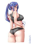  1girl alternate_costume ass back bare_shoulders black_panties black_sports_bra blue_hair blush breasts cropped_legs ebifurya highres kantai_collection large_breasts long_hair looking_at_viewer multicolored_hair one-hour_drawing_challenge panties red_hair simple_background skindentation smile solo south_dakota_(kancolle) sports_bra star_(symbol) underwear white_background white_hair 