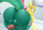  anthro back_boob balls bent_over big_breasts big_butt breasts butt dracozolt eyes_closed fossil_pokemon generation_8_pokemon genitals gynomorph huge_breasts huge_butt huge_hips huge_thighs intersex mleonheart multicolored_body nintendo penile_spines penis pokemon pokemon_(species) smile solo thick_thighs two_tone_body wide_hips 