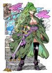  1girl breasts cleavage coin earrings genderswap genderswap_(mtf) green_hair green_kimono japanese_clothes jewelry kafun katana kimono original ponytail scabbard sheath sheathed solo stairs sword thighhighs torii weapon 