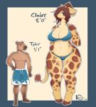  2021 anthro artist_name big_breasts bikini biped blue_bikini blue_border blue_clothing blue_eyes blue_swimming_trunks blue_swimwear border breasts brown_body brown_fur brown_hair brown_markings capybara caviid character_name cleavage clothed clothing cloven_hooves countershade_face countershade_torso countershading dated duo eyebrows eyelashes female full-length_portrait fur giraffe giraffid green_eyes hair hand_on_hip hand_on_own_hip hi_res hooves horn kooriki male mammal markings mole_(marking) navel ossicone portrait rodent shorter_male simple_background size_difference standing swimming_trunks swimwear tail tail_tuft taller_female tan_body tan_fur text topless topless_male tuft 