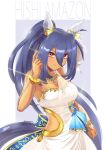  1girl animal_ears as&#039;maria bangle bare_shoulders blue_hair blue_nails bracelet breasts character_name cleavage closed_mouth clothing_cutout commentary_request dark-skinned_female dark_skin detached_sleeves dress ear_covers glint hair_between_eyes highres hishi_amazon_(hungry_veil)_(umamusume) hishi_amazon_(umamusume) horse_ears horse_girl horse_tail index_finger_raised jewelry long_hair looking_at_viewer medium_breasts official_alternate_costume official_alternate_hairstyle ponytail red_eyes signature single_detached_sleeve sleeveless sleeveless_dress solo tail umamusume very_long_hair 