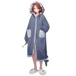  1girl animal_hood artist_request bags_under_eyes blue_pajamas cheryl_(girls&#039;_frontline) empty_eyes fake_tail fins fish_tail full_body girls&#039;_frontline green_eyes hand_in_pocket highres holding holding_toothbrush hood hood_up long_hair no_socks official_art pajamas parted_lips red_hair shark_hood shark_tail simple_background slippers solo standing tail toothbrush transparent_background white_footwear 