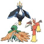  absurdres arrow_(projectile) bird blaziken blue_eyes bow colored_sclera commentary_request decidueye empoleon highres holding holding_arrow knee_up long_hair looking_at_viewer muu_(mumumer) orange_bow owl penguin pokemon pokemon_(creature) simple_background spikes standing standing_on_one_leg talons very_long_hair white_background white_hair yellow_sclera 