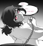  1girl ashley_graves ass chain chain_leash english_text highres holding holding_chain leash looking_at_viewer luxu pink_eyes ponytail pov speech_bubble surprised tears the_coffin_of_andy_and_leyley 