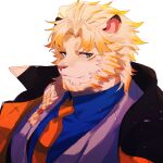  1boy astosis_(live_a_hero) bara blue_eyes blue_shirt braid furry furry_male hagiography highres lion_boy live_a_hero looking_at_viewer multicolored_hair necktie orange_necktie shirt white_background 