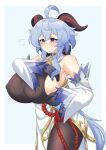  animal_humanoid big_breasts big_butt blue_hair blush bodily_fluids breasts butt clothing dragon dragon_humanoid female ganyu_(genshin_impact) genshin_impact hair hand_on_breast hi_res holding_breast horn horned_humanoid huge_breasts huge_butt humanoid mihoyo multicolored_eyes nipple_outline puffywaffles side_boob solo standing sweat sweatdrop thick_thighs 