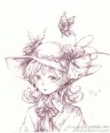  bow bowtie bug butterfly character_name elly_(touhou) frilled_shirt_collar frills hat medium_hair monochrome open_mouth simple_background touhou touhou_(pc-98) web_address weibo_id white_background yorktown_cv-5 