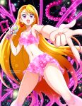  1girl :d \n/ asymmetrical_bangs blonde_hair braid braided_bangs breasts commentary cure_butterfly dated energy foreshortening gradient_hair hanzou highres hijiri_ageha hirogaru_sky!_precure holding light_particles long_hair looking_at_viewer magical_girl medium_breasts multicolored_hair open_mouth pink_hair pink_shorts pink_sports_bra pointing pointing_at_viewer precure purple_eyes red_hair short_shorts shorts sky_mirage smile solo sparkle sports_bra standing transformation twitter_username v very_long_hair 