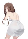  1girl absurdres ass backless_dress backless_outfit bare_shoulders blush breasts brown_eyes brown_hair coro_fae dress highres iino_miko kaguya-sama_wa_kokurasetai_~tensai-tachi_no_renai_zunousen~ long_hair looking_at_viewer looking_back low_twintails medium_breasts open_mouth simple_background sleeveless sleeveless_dress solo twintails white_background white_dress 