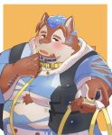  absurd_res amidasuke anthro belly blush brown_body brown_fur canid canine canis claws clothing collar fur hi_res leash lifewonders male mammal multicolored_body multicolored_fur overweight petplay roleplay tokyo_afterschool_summoners torn_clothing wolf yuma_(tokyo_afterschool_summoners) 