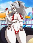  5_fingers amusement_park anthro big_breasts bikini breasts canid canid_demon cellphone clothing demon ear_piercing female fingers fur grey_body grey_fur hair hellhound helluva_boss loona_(helluva_boss) mammal mastergodai phone piercing solo swimwear water_park white_body white_fur 