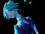  1other 8795641_(lofter) afterimage aqua_eyes aqua_hair aqua_theme black_background cracked_skin crystal_hair decapitation disembodied_head gem_uniform_(houseki_no_kuni) highres houseki_no_kuni looking_away looking_to_the_side necktie other_focus parted_lips phosphophyllite shards short_sleeves simple_background solo sparkle spoilers upper_body 