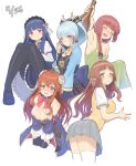  5girls :d ^_^ anniversary ano_natsu_de_matteru arm_up armor armpits black_pantyhose blue_eyes blue_hair blue_sleeves blunt_bangs blush bocchi_the_rock! bottle breasts cleavage closed_eyes closed_mouth commentary_request crisis_management_form_(machimazo) crossover curled_horns dated demon_girl demon_horns demon_tail detached_sleeves dress drunk genshin_impact gothic_lolita green_dress grey_skirt hair_ribbon highres hiroi_kikuri holding holding_bottle horns idolmaster idolmaster_cinderella_girls kamisato_ayaka kitahara_mio large_breasts lolita_fashion long_hair long_sleeves looking_at_viewer machikado_mazoku medium_breasts multiple_girls open_mouth pantyhose plate_armor pleated_skirt ranma_(kamenrideroz) red_eyes red_hair ribbon sajo_yukimi school_uniform short_sleeves simple_background skirt sleeveless sleeveless_dress smile sweater_vest tail thighhighs thighs white_background white_thighhighs yellow_ribbon yellow_sweater_vest yoshida_yuuko_(machikado_mazoku) zettai_ryouiki 