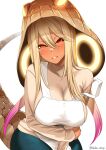  1girl aged_up alternate_breast_size animal_hood apron blonde_hair blush breasts cowboy_shot detached_hood glowing glowing_clothes hair_between_eyes hand_on_own_arm head_tilt highres hood huge_breasts impossible_clothes impossible_shirt kashisu_mint kemono_friends king_cobra_(kemono_friends) leaning_forward long_hair long_sleeves looking_at_viewer mature_female multicolored_eyes multicolored_hair orange_eyes pants parted_bangs parted_lips pink_hair print_hood red_eyes ringed_eyes seductive_smile shirt simple_background smile snake_hood snake_print snake_tail solo strap_slip tail tan turtleneck twintails twitter_username two-tone_hair very_long_hair white_apron white_background yellow_pupils 