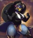  anthro avian bird black_tie_(suit) boots breasts clothing explosion falcon falconid female footwear hi_res leotard saltyseaskunk solo suit thick_thighs tuxedo_leotard umber_(famwammer) wide_hips 
