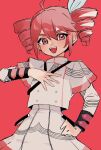  cowlick drill_hair epaulettes grey_jacket grey_skirt hair_ribbon hand_on_own_chest hand_on_own_hip highres jacket kasane_teto kasane_teto_(sv) looking_at_viewer red_background red_hair ribbon skirt smile synthesizer_v twin_drills utau v-shaped_eyebrows wai._(y_7087) white_ribbon 