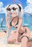  1girl absurdres beach bikini black_bikini black_bow black_choker blue_archive blue_sky bow breasts choker clenched_teeth cloud day demon_tail eyewear_on_head grey_hair hair_bow halo hand_up highres iori_(blue_archive) iori_(swimsuit)_(blue_archive) kneeling long_hair looking_at_viewer medium_breasts navel ocean outdoors pointy_ears red_eyes sky solo stagnuma stomach sunglasses swimsuit tail teeth thigh_strap thighs twintails very_long_hair 