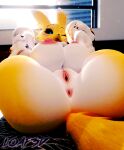  3d_(artwork) anthro anus bandai_namco big_breasts black_sclera blue_eyes breasts butt canid canine digimon digimon_(species) digital_media_(artwork) ear_piercing female flexible fox fur genitals hi_res legs_behind_head legs_up loaf3d mammal nipples nude piercing pussy renamon renamon_(dogzeela) solo spread_legs spreading tail white_body white_fur yellow_body yellow_fur 