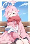  1girl azisai bench blue_archive blue_sky blush closed_eyes closed_mouth cloud halo highres holding holding_stuffed_toy hoshino_(blue_archive) jacket light_blush long_hair open_clothes open_jacket pink_hair pink_halo pink_jacket red_scarf scarf shirt sitting sitting_on_bench skirt sky sleeping sleeping_upright smile stuffed_animal stuffed_toy very_long_hair white_shirt 