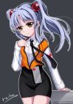  1girl artist_name black_necktie black_skirt blue_hair brown_eyes grey_background hair_bobbles hair_ornament highres hoshino_ruri kidou_senkan_nadesico long_hair looking_at_viewer miniskirt necktie open_clothes open_vest orange_vest ru-ha shirt simple_background skirt smile solo thighs twintails vest white_shirt 