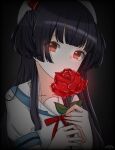  1girl artist_name black_background black_hair blue_sailor_collar blunt_bangs breasts brown_eyes collarbone flower hat holding holding_flower idolmaster idolmaster_shiny_colors long_hair looking_at_viewer mayuzumi_fuyuko medium_breasts minorin neck_ribbon red_flower red_ribbon red_rose ribbon rose sailor_collar shirt short_sleeves signature simple_background solo two_side_up white_shirt 