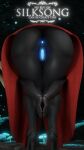  3d_(artwork) anthro anus arthropod big_butt black_body butt cloak cloak_only clothing deerbone_(artist) digital_media_(artwork) female fungus genitals glowing glowing_genitalia glowing_pussy hi_res hollow_knight hornet_(hollow_knight) humanoid insect mushroom praise_da_booty_(meme) pussy silksong solo standing team_cherry text thick_thighs vaginal 