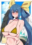  1girl absurdres angel_wings arm_under_breasts asymmetrical_wings bare_shoulders beach bikini black_choker blue_hair blue_sky blush border breasts choker cleavage closed_mouth cloud collarbone covered_nipples day dizzy_(guilty_gear) fuuma_(bangolga1) gold_bikini guilty_gear hair_between_eyes hair_ribbon hair_rings highres holding_own_arm large_breasts long_hair looking_at_viewer mature_female monster_girl navel ocean red_eyes ribbon sagging_breasts sidelocks skindentation sky smile solo stomach string_bikini swimsuit tail twintails underboob white_border wings yellow_ribbon 