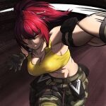  1girl abs absurdres armlet belt biceps breasts c.cha_(0kamiheart) camouflage camouflage_pants clenched_hand crop_top dog_tags gloves hairband highres leona_heidern muscular muscular_female orochi_leona pants ponytail red_eyes red_hair signature sleeveless soldier solo tank_top the_king_of_fighters the_king_of_fighters_xv twisted_torso yellow_tank_top 