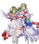  2girls breasts bridal_veil dress feather_trim fire_emblem fire_emblem:_mystery_of_the_emblem fire_emblem_awakening fire_emblem_heroes flower gesoking green_eyes grey_hair high_heels highres jewelry long_hair medium_breasts multiple_girls non-web_source official_art pantyhose pointy_ears ponytail tiara tiki_(adult)_(fire_emblem) tiki_(fire_emblem) tiki_(young)_(fire_emblem) transparent_background veil wedding_dress white_dress 