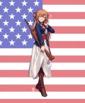  absurdres american_flag american_flag_background american_flag_print ammunition blue_shirt blush bolt_action boots breasts brown_footwear brown_hair clip_(weapon) clothes_lift collared_dress collared_shirt dress dress_lift english_commentary flag_print full_body girls&#039;_frontline green_eyes gun hair_between_eyes hair_ribbon hair_rings hand_in_own_hair hand_up heart highres hilt large_breasts long_hair long_sleeves looking_at_viewer m1903_springfield open_clothes open_mouth open_shirt ostwindprojekt red_ribbon ribbon rifle rifle_cartridge shirt sling_(weapon) smile springfield_(girls&#039;_frontline) thigh_boots two_side_up weapon white_dress 