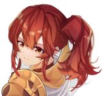  1girl anna_(fire_emblem) armor bangs closed_mouth fire_emblem fire_emblem_heroes gloves hair_between_eyes highres index_finger_raised looking_at_viewer looking_to_the_side novembertimex red_eyes red_gloves red_hair shoulder_armor side_ponytail sidelocks smile solo upper_body white_background 