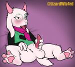  absurd_res animal_genitalia anthro blush bovid caprine deltarune eyewear feet genitals glasses goat hi_res horn lizardwizard lying male mammal masturbation ralsei scarf solo tail undertale_(series) 