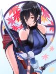  1girl akito1218 bare_shoulders black_hair blue_eyes blue_gloves breasts closed_mouth dual_wielding gloves heterochromia highres holding holding_sword holding_weapon leg_tattoo looking_at_viewer ninja partially_fingerless_gloves red_eyes reverse_grip samurai_spirits shiki_(samurai_spirits) short_hair short_sword snk solo sword tantou tattoo weapon 