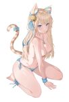  1girl absurdres animal_ears bandaid bandaids_on_nipples bare_legs bare_shoulders barefoot bell between_legs bikini bikini_bottom_only blonde_hair blue_bikini blue_eyes bow breasts cat_ears cat_tail cleavage commission extra_ears hair_ribbon hand_between_legs highres jewelry jingle_bell long_hair looking_at_viewer medium_breasts mole mole_under_eye navel necklace original parted_lips pasties ribbon side-tie_bikini_bottom simple_background sitting solo string_bikini striped_tail sweatband swimsuit tail tail_bow tail_ornament tail_raised thighs wariza white_background yn_6262 