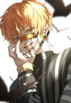  1boy blonde_hair commentary earrings fingernails green_eyes highres hr_rinn jewelry kick_it_up_a_notch_(project_sekai) long_sleeves looking_at_viewer male_focus multicolored_hair muzzle official_alternate_costume open_mouth orange_hair project_sekai shinonome_akito short_hair single_earring solo streaked_hair striped teeth upper_teeth_only 