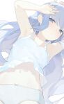  1girl blue_eyes blue_hair closed_mouth collarbone flat_chest gochuumon_wa_usagi_desu_ka? highres hiroki_(yyqw7151) kafuu_chino long_hair looking_at_viewer lying navel on_back panties solo underwear white_panties 