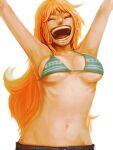  1girl arms_up bikini bikini_top_only closed_eyes green_bikini happy highres long_hair meta_gun midriff nami_(one_piece) navel one_piece open_mouth orange_hair simple_background solo swimsuit teeth white_background 