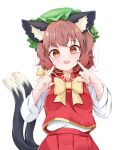  1girl animal_ears blush cat_ears cat_tail chen earrings fang green_headwear hat jewelry long_sleeves mob_cap multiple_tails open_mouth pleated_skirt red_skirt red_vest rururiaru shirt simple_background single_earring skirt smile solo tail touhou two_tails vest white_background white_shirt 