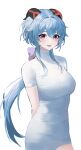  1girl :d absurdres arms_behind_back bangs blue_hair blush bodysuit bow breasts covered_navel ganyu_(genshin_impact) genshin_impact goat_horns hair_between_eyes hee_(user_ykux4248) highres horns large_breasts long_hair looking_at_viewer low_ponytail open_mouth purple_bow purple_eyes sidelocks simple_background smile solo teeth upper_body upper_teeth_only very_long_hair white_background white_bodysuit 