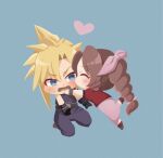  1boy 1girl aerith_gainsborough baggy_pants bangle belt black_gloves blonde_hair blue_background blue_eyes blue_pants blue_shirt blush boots bracelet braid braided_ponytail brown_footwear brown_hair chibi closed_eyes cloud_strife cropped_jacket dress final_fantasy final_fantasy_vii gloves hair_between_eyes hair_ribbon heart hetero jacket jewelry kiss kissing_cheek pants parted_bangs pink_dress pink_ribbon puffy_short_sleeves puffy_sleeves red_jacket ribbon shirt short_sleeves sidelocks single_braid sleeveless sleeveless_turtleneck spiked_hair standing standing_on_one_leg suspenders sweatdrop turtleneck wavy_mouth yuno_ff 