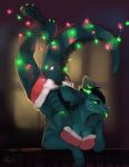  anthro big_breasts bound breasts butt christmas christmas_clothing christmas_lights clothing digital_media_(artwork) displeased dragon female glowing glowing_horn glowing_tongue hair holidays horn monster rhyu shestaroo solo stuck tiedup tongue 