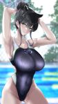  1girl animal_ears black_hair black_one-piece_swimsuit blue_archive blurry blurry_background breasts competition_swimsuit covered_navel cowboy_shot green_eyes hair_bun hair_flaps halo highleg highleg_swimsuit highres large_breasts one-piece_swimsuit pool ruko_(user_zdfp4487) shun_(blue_archive) sidelocks smile solo swimsuit tiger_ears tiger_girl wet wet_clothes wet_swimsuit 