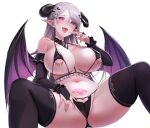  1girl bare_shoulders bra braid bridal_gauntlets demon_girl demon_horns demon_wings feet_out_of_frame grey_hair highres horns kai_(ootamuno12) lingerie long_hair navel open_mouth original panties pointy_ears pubic_tattoo saliva saliva_trail solo stomach tattoo thighhighs underwear wings 
