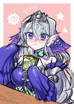  1girl absurdres blue_eyes blush breasts chopsticks crossed_bangs cup_ramen detached_sleeves duel_monster grey_hair highres holding holding_chopsticks instant_fusion long_hair sleeves_past_wrists solo sweat synchroman table tearlaments_kitkallos tiara yu-gi-oh! 