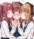  3girls @_@ blonde_hair blush brown_hair checkered_clothes chiyosuke_(nosuke21) closed_eyes double_cheek_kiss hairband heart highres idolmaster idolmaster_cinderella_girls idolmaster_cinderella_girls_starlight_stage kiss kissing_cheek long_hair multiple_girls ogata_chieri ponytail red_hair sakuma_mayu school_uniform short_hair spoken_heart sweatdrop twintails upper_body yorita_yoshino yuri 