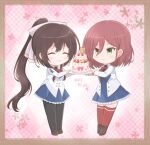  2girls ^_^ argyle argyle_background artist_name assault_lily black_pantyhose blue_skirt blush border bow bowtie brown_border brown_bow brown_footwear brown_hair buttons cake checkered_background chibi closed_eyes closed_mouth commentary_request dated facing_another floral_background food frilled_skirt frills full_body green_eyes hair_between_eyes hair_bow hands_up hatsukano_you herensuge_girls_academy_school_uniform high_ponytail holding holding_plate inoguchi_minto jacket lace_border long_bangs long_hair long_sleeves looking_at_another medium_hair miniskirt multiple_girls pantyhose pink_background plate ponytail red_bow red_bowtie red_hair red_thighhighs school_uniform serizawa_chikaru shoes skirt smile standing thighhighs very_long_hair white_jacket zettai_ryouiki 