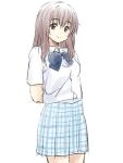  1girl arms_behind_back blue_bow blue_skirt bow brown_eyes brown_hair closed_mouth collared_shirt commentary_request dress_shirt highres koe_no_katachi long_hair mitsuhiro-510-goto nishimiya_shouko plaid plaid_skirt pleated_skirt school_uniform shirt simple_background sketch skirt smile solo white_background white_shirt 