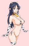  1girl absurdres animal_ears animal_print bell bikini black_hair blue_eyes breasts cleavage cow_ears cow_horns cow_print cowbell elbow_gloves fake_animal_ears fake_horns freckles girls_und_panzer gloves highres horns kuppipi_ramutarou large_areolae large_breasts long_hair looking_at_viewer micro_bikini navel neck_bell open_mouth pink_background print_bikini print_thighhighs side-tie_bikini_bottom simple_background smile solo swimsuit thighhighs yamagou_ayumi 